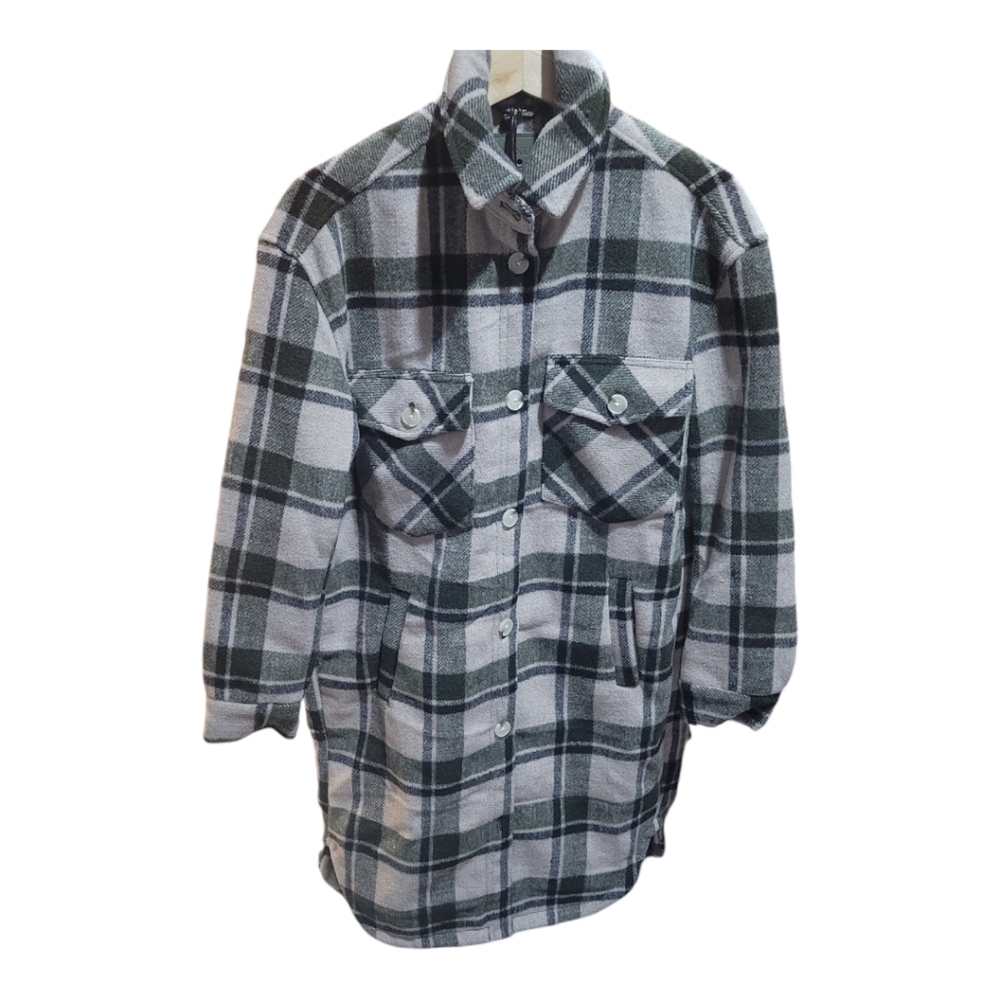 BLANK NYC Flannel Long Belted Trucker Jacket Shacket Green Tan Plaid XS